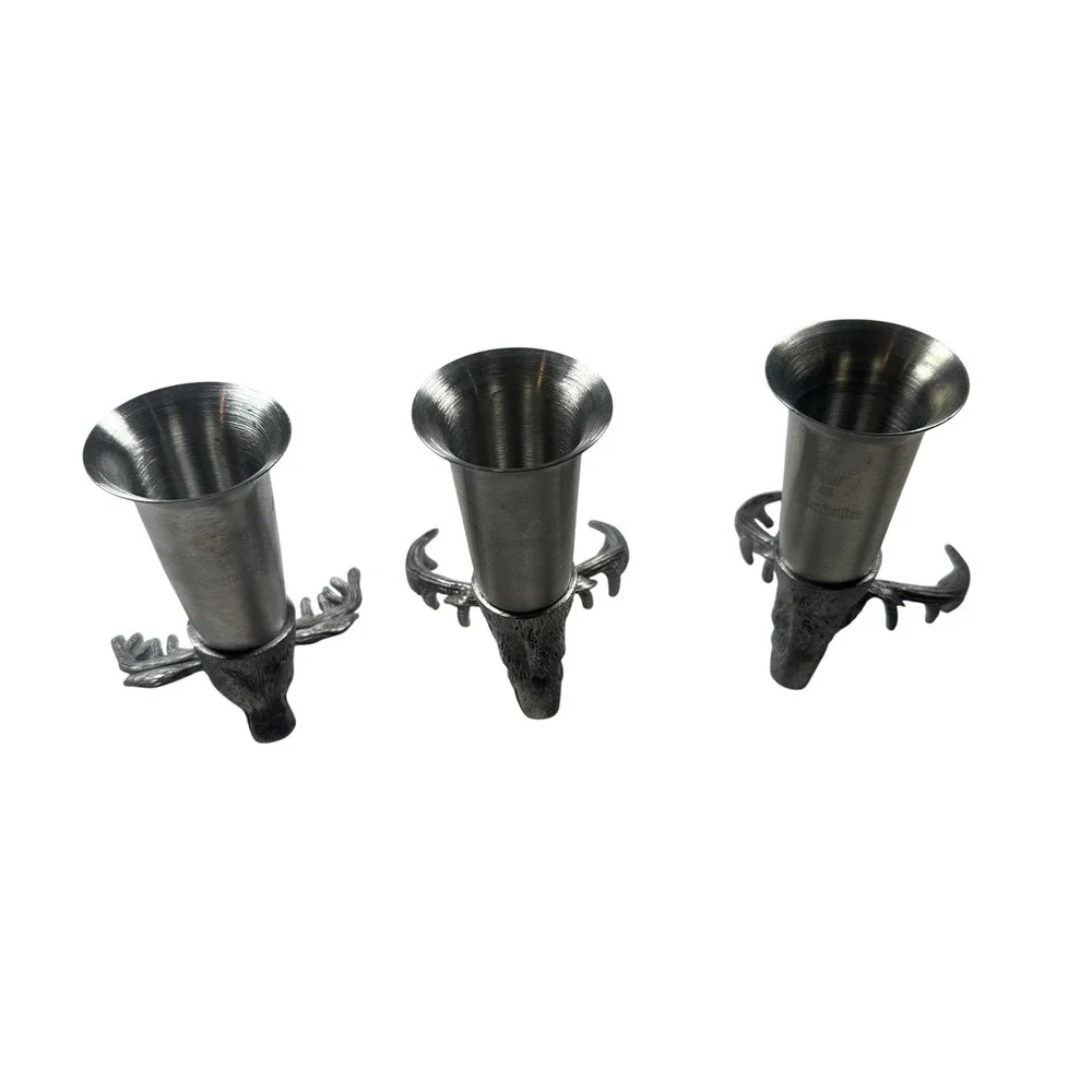 Jägermeister Pewter Shot Glasses Deer Head Antler Metal‎ Lot of 3 Barware